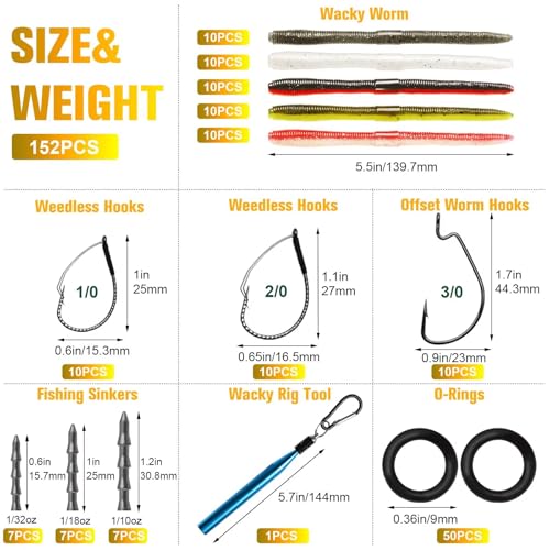B-152PCS Wacky Worms & Fishing Hooks Kit - Soft Plastic Baits, Weedless Hooks, Jig Head, Rig Tool
