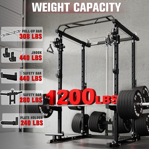 Power Cage with Cable Crossover System - Black, 1200LB Capacity, Bumper Plate Set