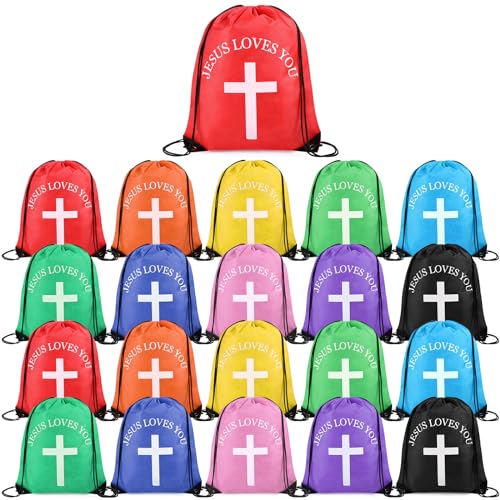 Christian Drawstring Backpack Bulk Set - Multicolor 20 Pcs Religious Gifts for Church & Events