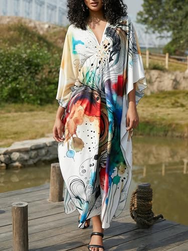 Women's V Neck Kaftan Beach Cover Up Dress - A13 Abstract Pattern