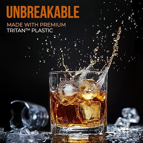 Bravario 12.5 oz Unbreakable Plastic Whiskey Glasses Set of 8 - Shatterproof Tritan Old Fashioned Drinkware Dishwasher Safe
