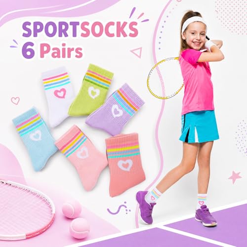 Girls Athletic Crew Socks - 6 Pairs for 9-15 Years, Colorful Set