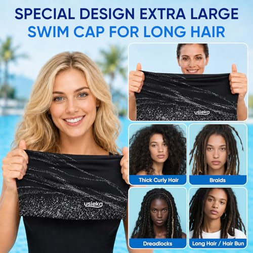 Extra Large Waterproof Swim Cap for Long Hair - Black