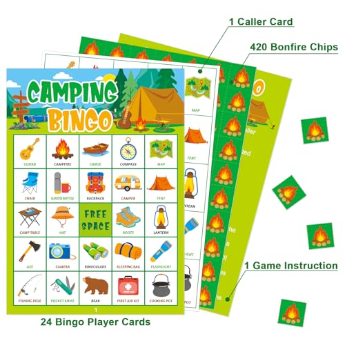 Camping Bingo Game for Kids - 24 Player Set with Calling Cards and Chips