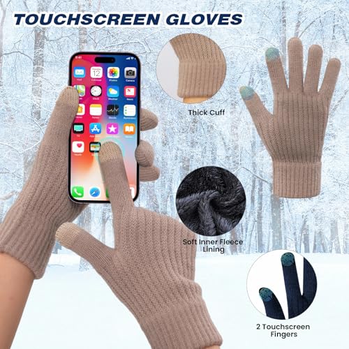 Winter Beanie Hat, Circle Scarf & Touchscreen Gloves Set - Khaki Vertical Stripes