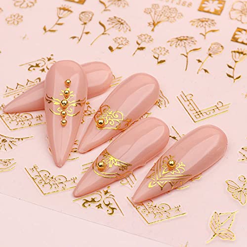 3D Floral Nail Art Stickers - Gold Flower & Lace Leaf Decals, 12 Styles