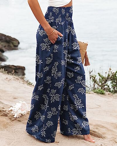 Angerella Women's High Waist Palazzo Pants Medium Dbluewhite Lounge Trousers