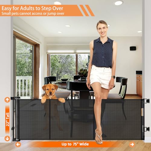 Reinforced 22 Inch Tall Retractable Dog Gate Step Over Pet Gate, 75" Wide Dog Gate for Stairs with Support Rods-Prevent Crawling Under, Indoor Short Pet Gate Puppy Gate Outdoor Retractable Gate/Black