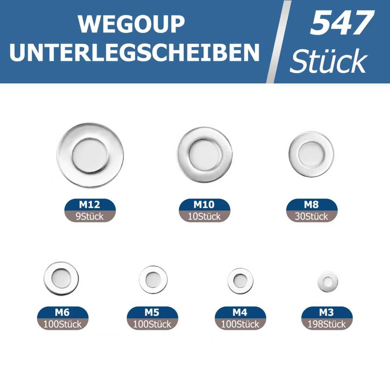Kviceo Stainless Steel Flat Washer Set – 18-8 (304) Stainless Steel, Assorted Sizes for Automotive, Home, Industrial & DIY Use, with Plastic Case (547, M3, M4, M5, M6, M8, M10, M12)