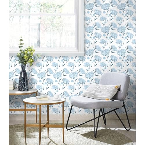 Hopepak Floral Peel and Stick Wallpaper Contact Paper Blue Wall Paper Modern Self Adhesive Removable Vinyl Wallpaper for Bedroom 17.3"x118"