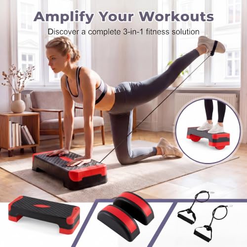 Adjustable Aerobic Step Platform with Risers & Resistance Bands - Red
