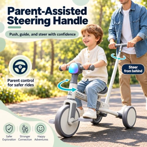 Ridego 5-in-1 Toddler Tricycle with Parent Push Handle, Gray