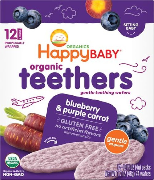 Happy Baby Organic Teething Wafers - Soothing Blueberry & Purple Carrot Rice Cookies | 0.14 Oz Packets (Box of 12)