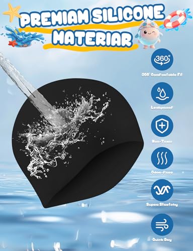 Kids Swim Cap Set - Silicone Swim Caps for Long & Short Hair - Black & Blue