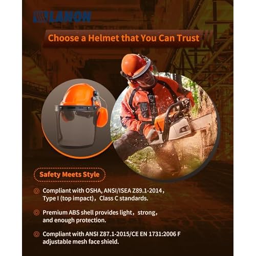 LANON Industrial Forestry Safety Helmet Protection System, ANSI Approved Chainsaw Hard Hats with Adjustable Ear Muffs & Face Shield Visor, 6 Point Adjustable Ratchet Suspension, Class C, Orange