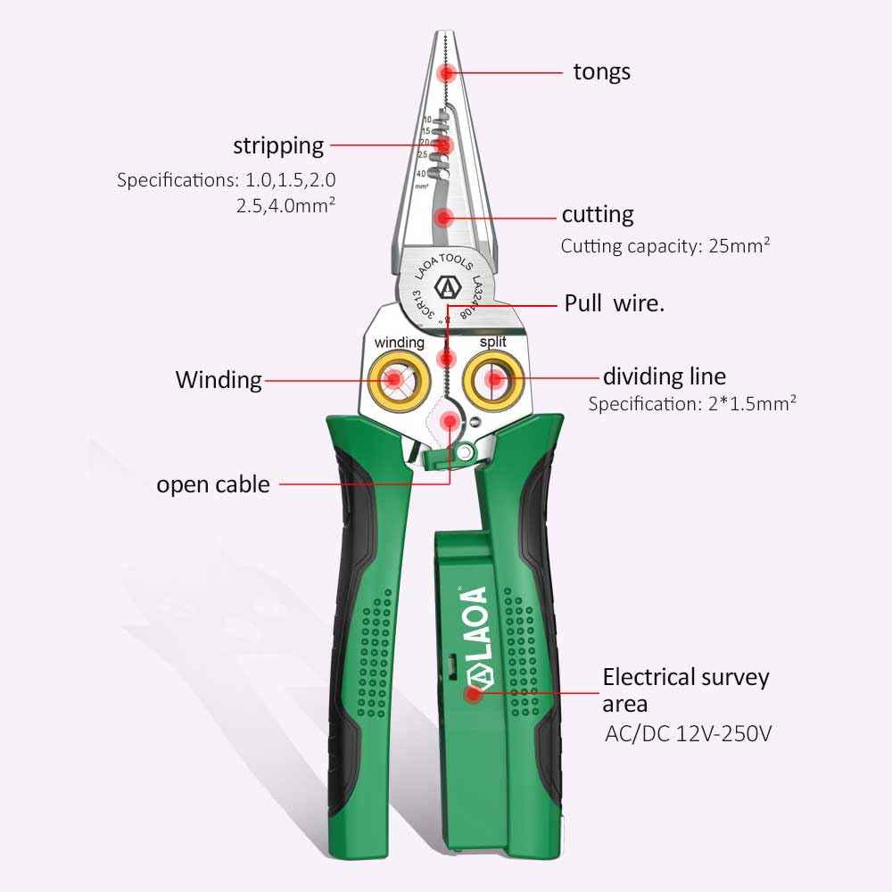 LAOA 8 in 1 Wire Stripper with Voltage Tester, Alarm & Flash Wire Crimper Stripper - Detects 12V-250V AC/DC (Non-Rectified DC) for Strip, Cut, Crimp, Split, Wrap, Slit, Pull