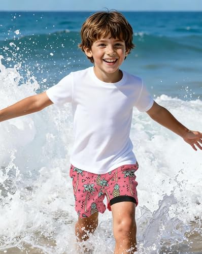 Century Star Boys' Pink Pineapple Swim Trunks with Compression Liner, 10-12 Years