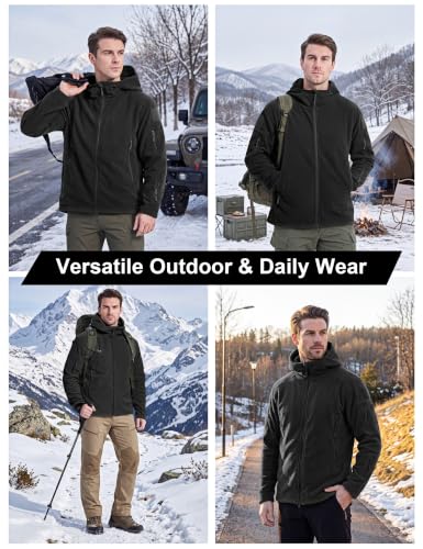 Men's Black Large Tactical Fleece Hoodie Jacket - Warm Winter Outdoor Coat