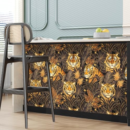 Black and Gold Tiger Wallpaper Peel and Stick Leaf Wall Paper Jungle Tropical Contact Paper for Bedroom Living Room Bathroom Renter Friendly Removable 17.5 x 118In