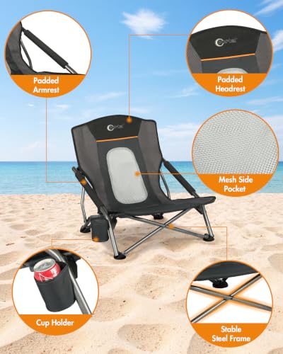 Portal Beach Chair for Adults Standard Back Black – Lightweight Folding Camping Chair with Cup Holder