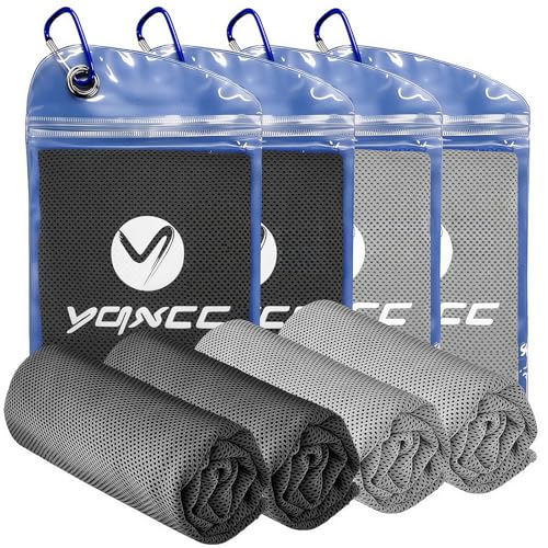 Cooling Towels 4 Pack - Instant Cool Microfiber for Neck & Face - 2 Light Gray & 2 Dark Gray