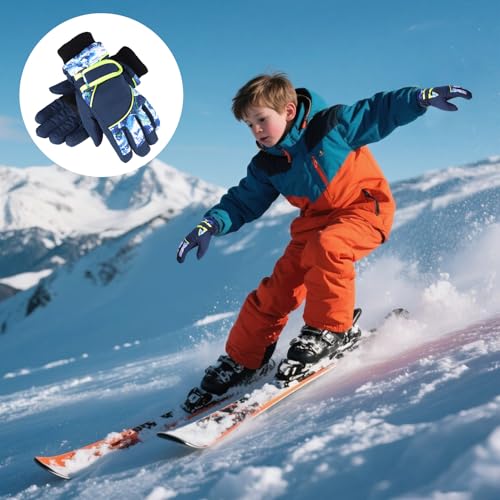 Kids Ski Gloves for Boys & Girls 5-8 Years - Windproof, Non-Slip Mittens - White & Navy