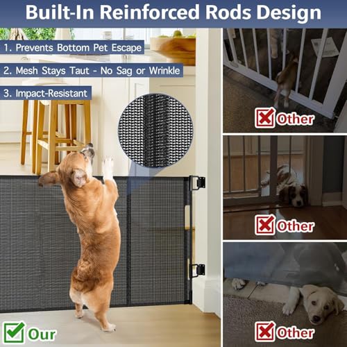 Reinforced 18 Inch Tall Retractable Dog Gate for Stairs, 55" Wide Step Over Pet Gate for Doorways, Small Pet Gate Retractable Gate Indoor/Outdoor Short Gate for Small Dogs - No Bottom Squeeze, Black