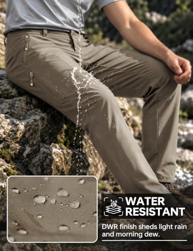 Men's Water-Resistant Hiking Pants - Lightweight Travel Pants, Khaki Grey, 34W x 30L, Belt Included