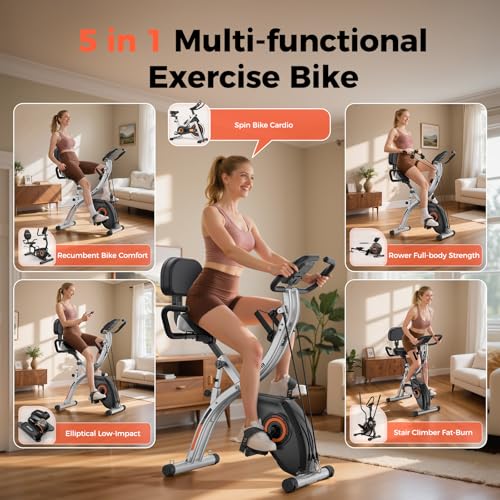 Folding Exercise Bike 5-in-1 - Black-Silver | 380 LBS Capacity, Magnetic Resistance