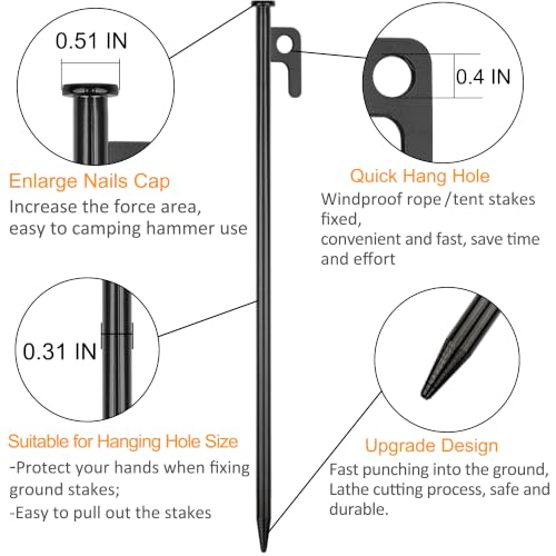16 Inch Heavy Duty Metal Tent Stakes - 16 Pack, Durable & Corrosion-Resistant for Camping