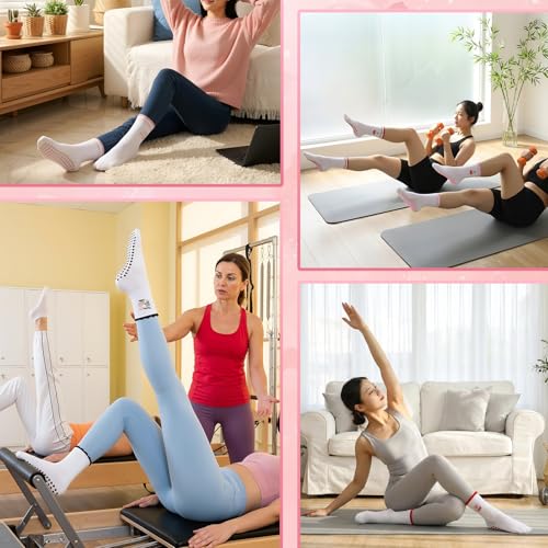 Non-Slip Pilates Grip Yoga Socks for Women - 6 Pairs, Black+Pink+Red