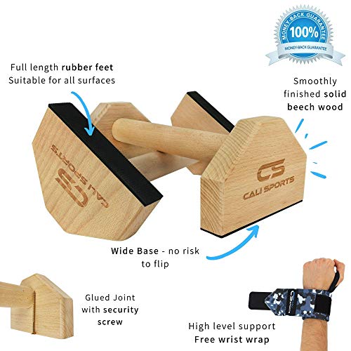 Wood Parallettes Push Up Bars - Cherry Wood with Wrist Wraps