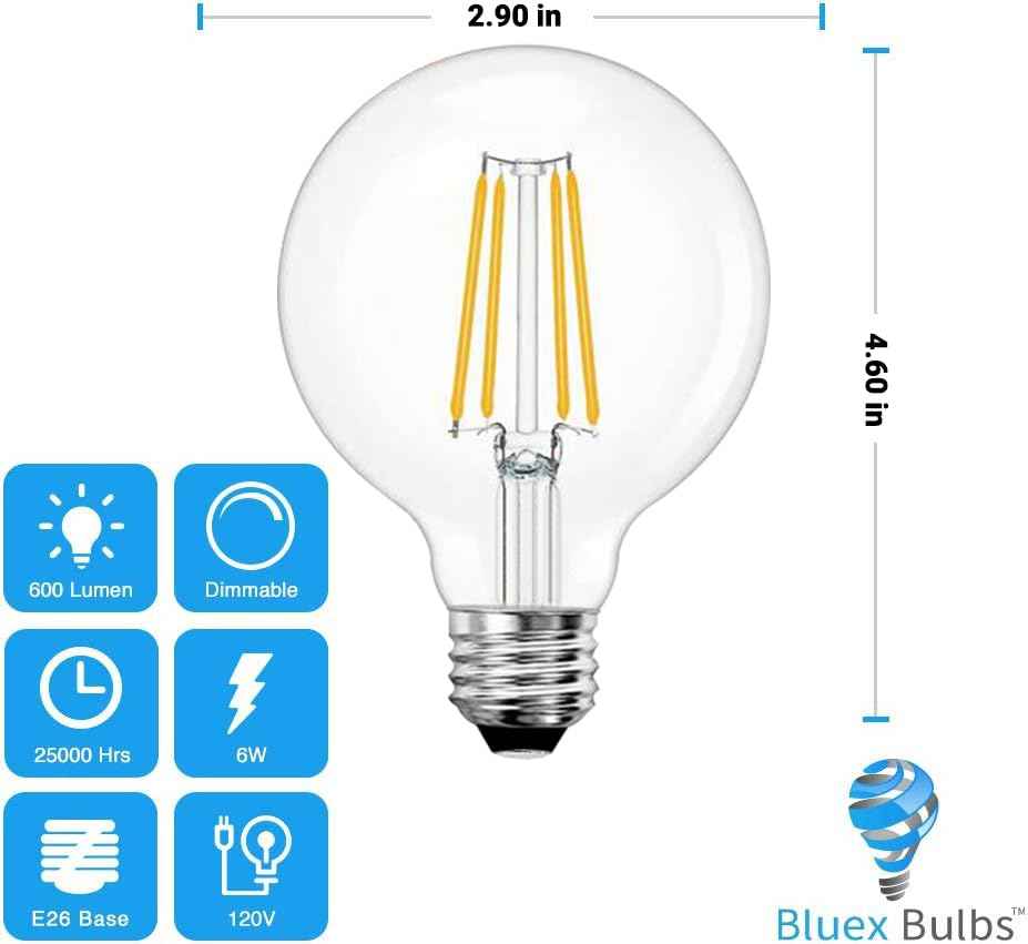 6 Pack LED G25 Globe Light Bulbs Bulbs 6W - 3000K Warm White Dimmable 60W Equivalent E26 Base 120V - Edison Vanity Light Bulbs for Bedroom, Kitchen, Vanity, Mirror Vintage (3000K - Warm White)