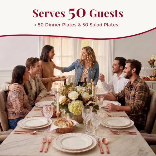 By Madee Ivory Rose Gold Heavyweight Scalloped Plastic Plates Set for Weddings - 100 Pc