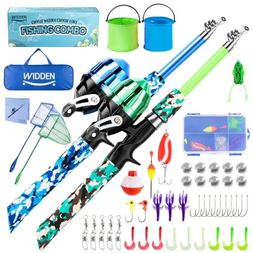 Kids Fishing Pole Set with Reel - Blue & Green Beginner Kit for Boys & Girls 3-12