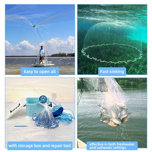 BalanZze 8ft Cast Net for Bait 1/2 Inch Mesh - Heavy Sinker, Handcrafted Net with Repair Kit