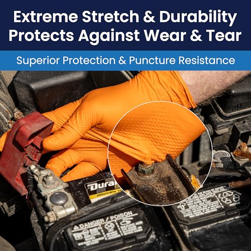 Adenna ProWorks CATCH Disposable Nitrile Gloves ? 9 Mil, Heavy Duty Work Rubber Glove with Raised Pyramid Grip, Non?Latex & Powder Free, Pack of 100, Medium, Orange