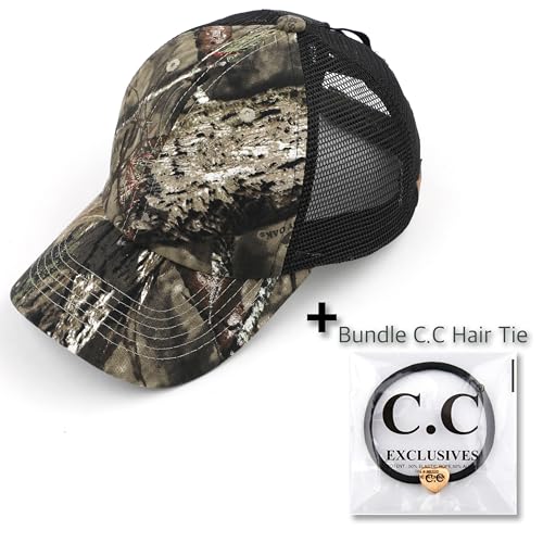 C.C Ponycap Messy High Bun Ponytail Cap - Adjustable Glitter Mesh Trucker Hat, One Size Mossyoak