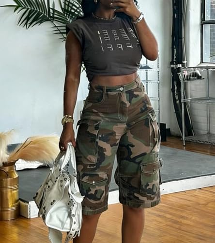 Tbahhir Women's Camo Cargo Denim Shorts High Waist Bermuda Knee Length - Army Green Medium