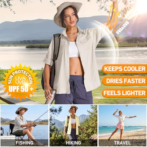 Jessie Kidden Women's SPF Sun Safari Long Sleeve Quick Dry Hiking & Fishing Shirt - Small Light Khaki