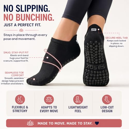 Non-Slip Pilates & Yoga Socks for Women - Black, 2-Pair Set