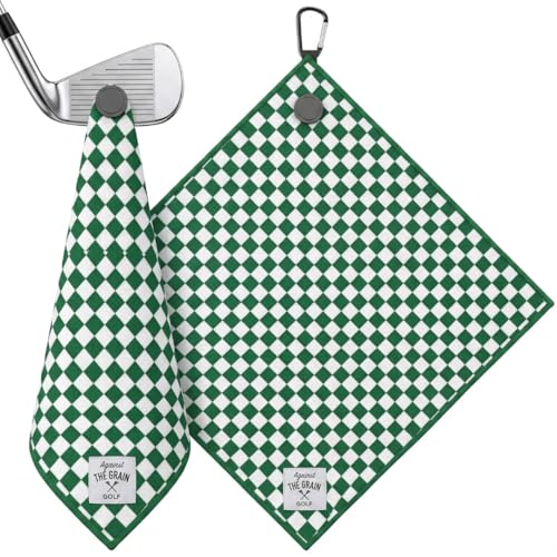 Magnetic Golf Towel - Green & White Checkered Microfiber with Clip