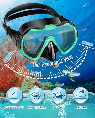 Adult Snorkeling Gear Set - Panoramic Anti-Fog Mask & Dry Snorkel - Malachite Green