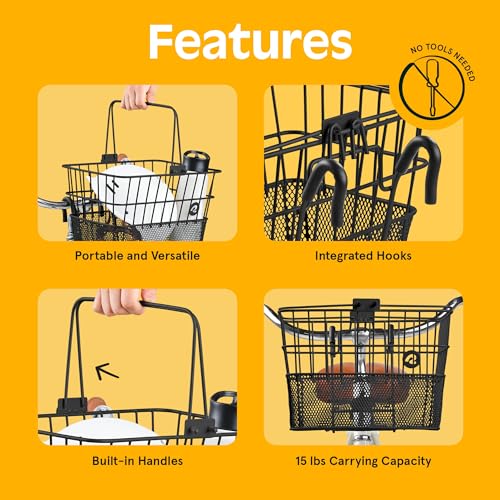 Detachable Front Bike Basket - Steel Half-Mesh, Black