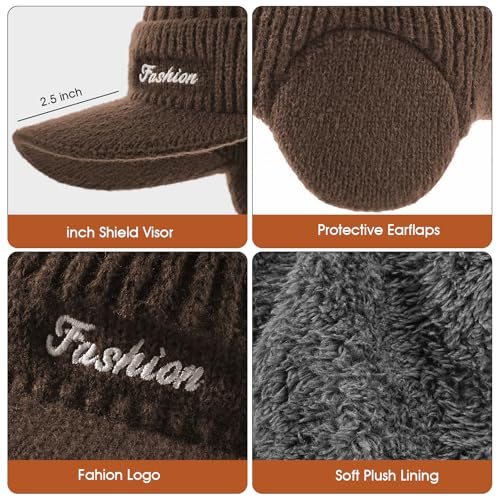 Winter Beanie Hat Set with Brim & Ear Flaps - Coffee Color