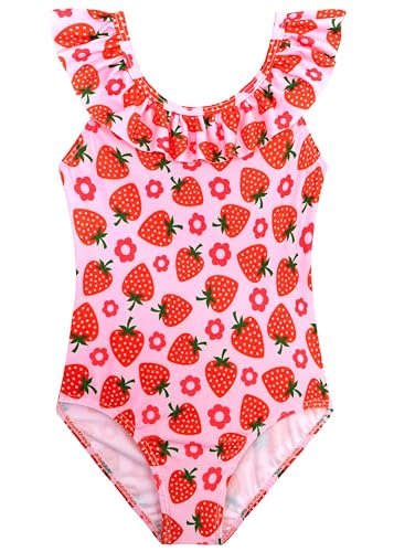 XiaoMoSha Girls Swimsuits 5-6 Years Ruffled Round Neck One-Piece Bathing Suit UPF 50+ Summer Hawaii Swimwear - Cutestrawberry