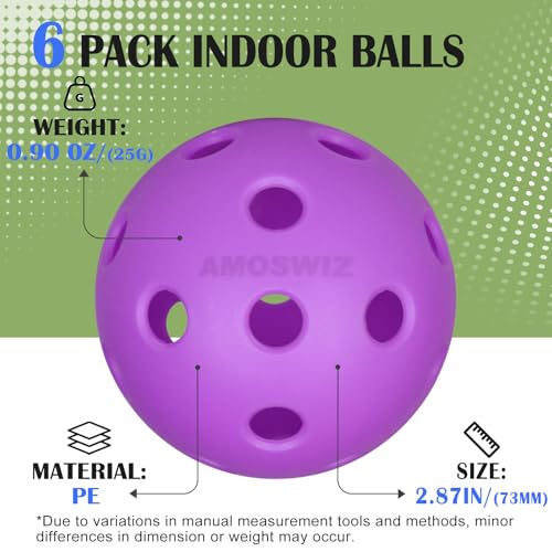 Purple USAPA Approved Indoor Pickleball Balls 6 Pack - 26 Holes, Durable & High Visibility