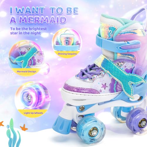 Light Up Adjustable Roller Skates for Girls - Mermaid Design - Blue Purple - Small