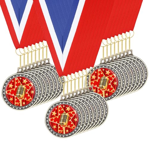 24 Red Microphone Medal Awards with Neck Ribbons for Music & Speech Competitions