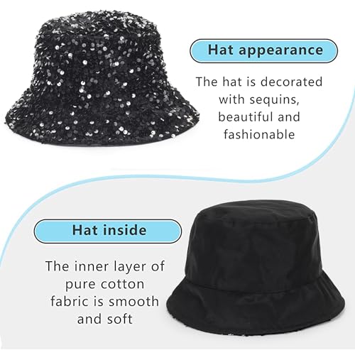Shiny Glitter Sequin Bucket Hat for Women - Medium Black